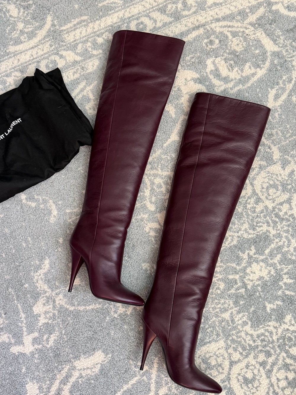 Saint Laurent Burgundy Leather Over-the-Knee Stiletto Boots Size 36